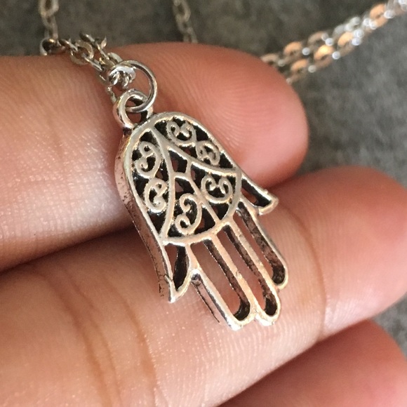 Hamsa Crescent Moon Double Layer Silver Necklace - Picture 4 of 7